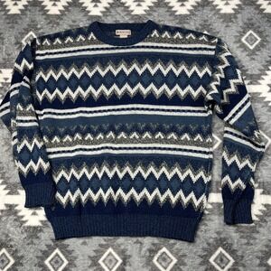 Windridge Vintage Mens Blue Fair Isle Geometric Knit Crew Neck Sweater Large